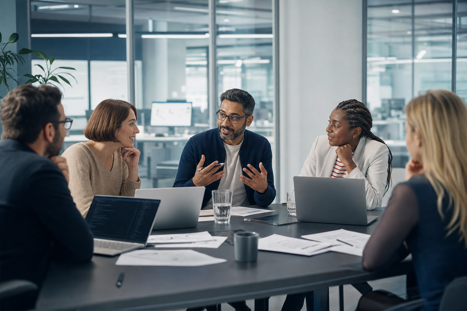 AUTODB SKY team discussing product roadmap in a modern office