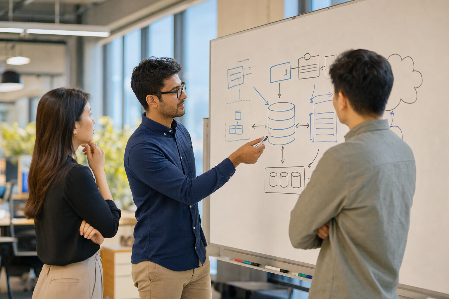 Engineers reviewing database architecture on a whiteboard